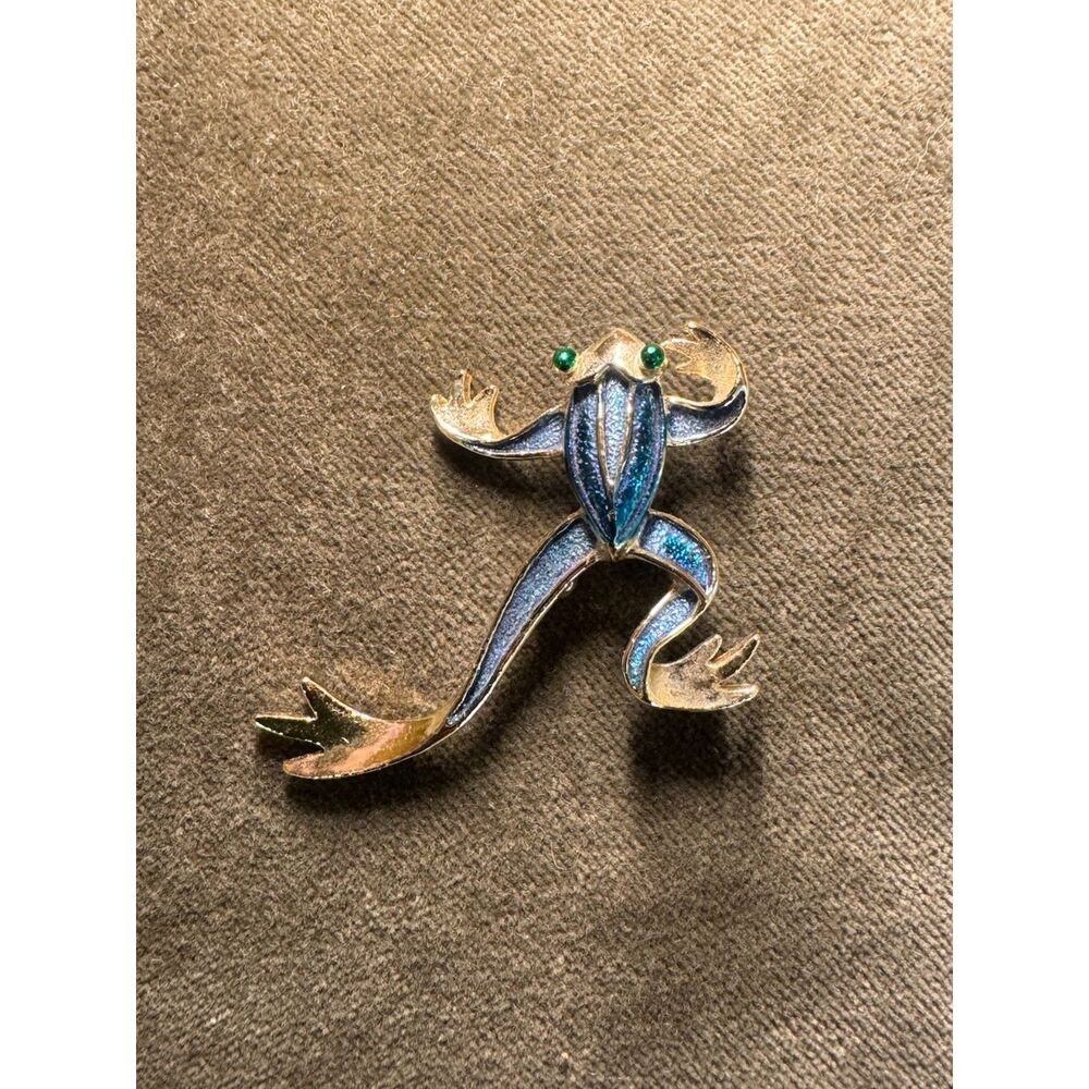 Gerry's Blue Enamel Frog Brooch Pin Gold Tone Vintage
